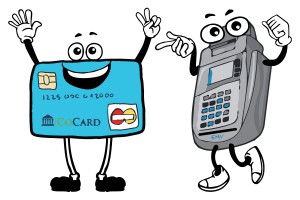 Cartoon illustrations of an EMV Chip Card reader and EMV Credit Card